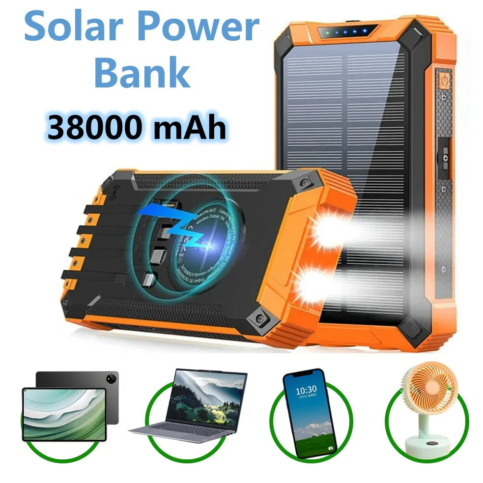 Chargeur Solaire 38000mAh avec 4 Câbles Intégrés – Power Bank Solaire Portable 22.5W Fast Charge pour Camping & Outdoor